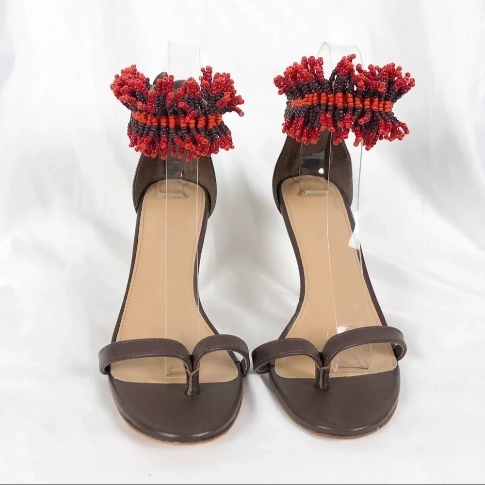 Ulla Johnson Kassia Beaded Open Round Toe Sandal Heels Size 37 Brown Red Summer - Picture 2 of 8